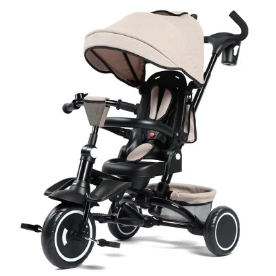 7-in-1 Kids Tricycle with Canopy, Adjustable Push Handle, One-Touch Brake, Lockable Front Wheel, All-Terrain Tires & Storage khaki