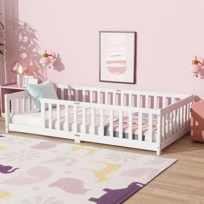 Детская напольная кровать Bellemave Kids Montessori с защитным ограждением, каркас кровати на платформе из каучукового дерева с поручнями и планками для малышей и малышей постельного белья, двухспальная или полноразмерная, белого цвета