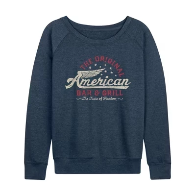 Женская рубашка American Bar & Grill из легкой махровой ткани с широким вырезом и длинными рукавами цвета Хизер индиго с графическим рисунком.