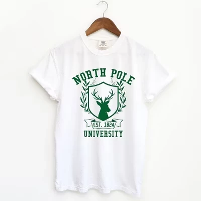 Женская футболка с коротким рукавом North Pole University Reindeer, окрашенная в белый цвет