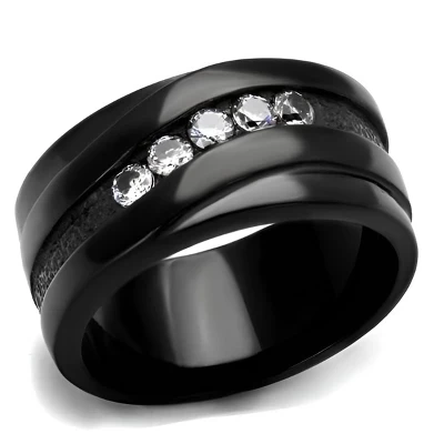 Женское кольцо IP Black Band с пятью круглыми фианитами, смелый встраиваемый дизайн, Нержавеющая сталь, Размеры 5-10