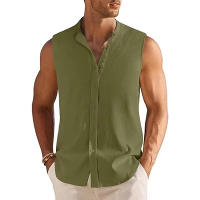 Men's Summer Beach Tank Tops Sleeveless Button Up Shirt Casual Textured Tank Shirts arg