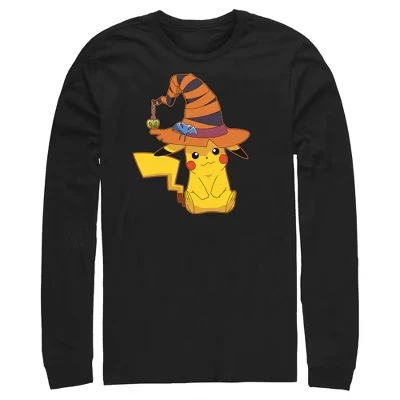 Мужская рубашка с длинным рукавом Halloween Pikachu Witch черного цвета