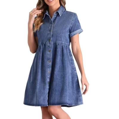 Женское летнее джинсовое миди-платье Babydoll с отложным воротником и короткими рукавами на пуговицах синего цвета