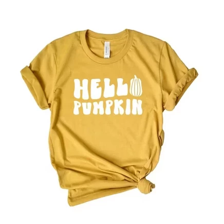 Женская футболка с ярким рисунком Hello Pumpkin и коротким рукавом горчичного цвета