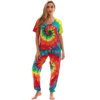 Женский пижамный комплект Tie Dye с коротким рукавом из 100% хлопка, яркая, дышащая пижама tie dye bright swirl