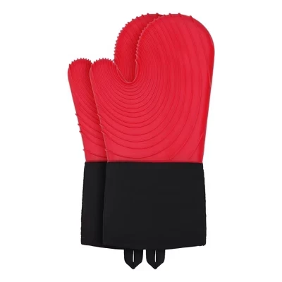 Soft Silicone and Cotton Oven Mitts Heat-Resistant Cooking Gloves Gripping for Baking, Kitchen Mitts Set of 2 red