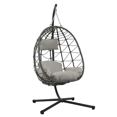 Кресло-качалка Egg с подставкой, для помещений и улицы, Плетеное подвесное кресло для патио, Кресло-качалка-гамак для патио, гостиной, балкона, вместимость 350 фунтов, светло-серый