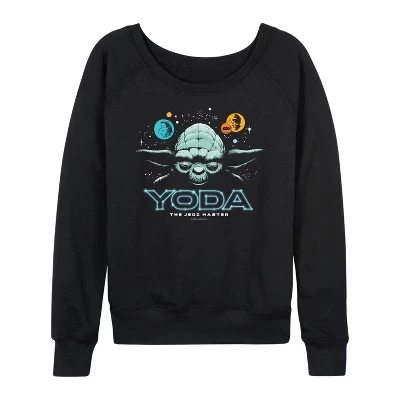 Женский - - Женский французский махровый пуловер-толстовка Yoda Jedi Master, легкая французская махровая рубашка с широким вырезом и длинным рукавом, черная с графическим рисунком