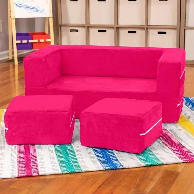 Zipline Kids Modular Loveseat & Ottomans/Fold Out Lounger fuchsia