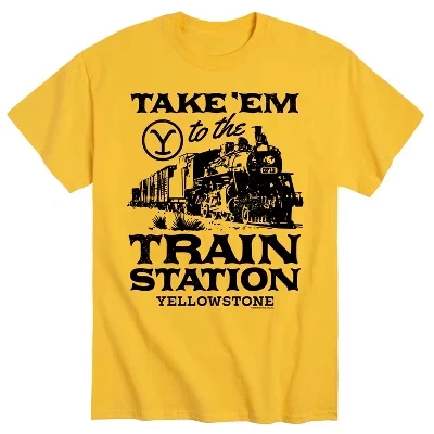 Мужская футболка Take 'Em To The Train Station с коротким рукавом и рисунком желтого цвета.