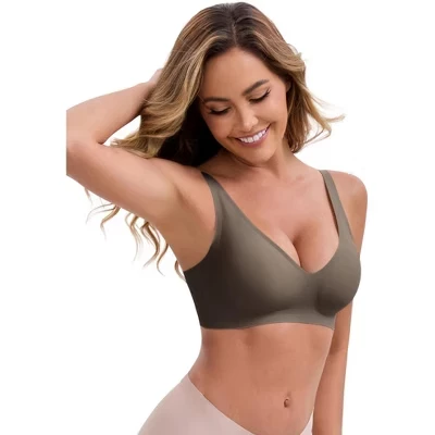 Women's Deep V-Neck Wireless Adjustable Spaghetti Straps Push-Up Seamless Soft Everyday Bralettes brown