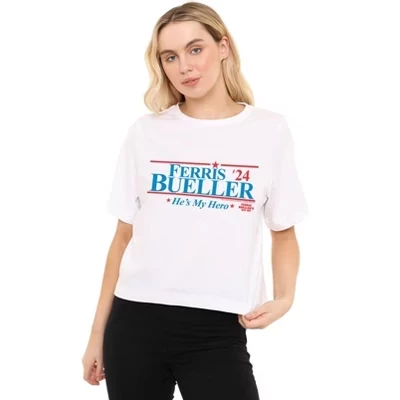 Женская укороченная футболка Ferris Bueller 2024 President свободного кроя белого цвета