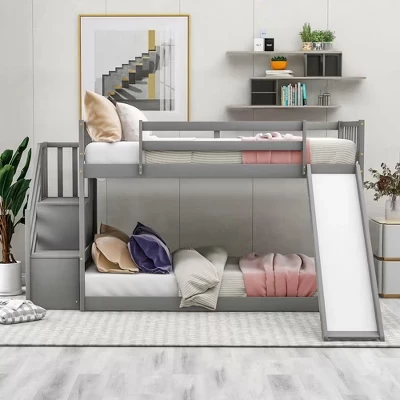 Двухъярусная кровать Twin Over Twin Floor с откидной горкой и лестницей Двухъярусная кровать-чердак из массива сосны для детей, девочек, мальчиков, легко монтируемая серая