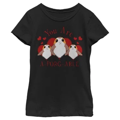Футболка для девочек на День святого Валентина You Are A-Porg-Able черного цвета