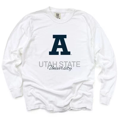 Aggies A из Университета штата Юта - Женская одежда, окрашенная в белый цвет футболка с длинным рукавом и рисунком