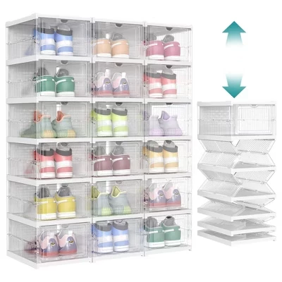 Shoe Boxes,Stackable Shoe Storage Organizer, Set of 2 Integraed Shoe Cabinets, Foldable and Portable white