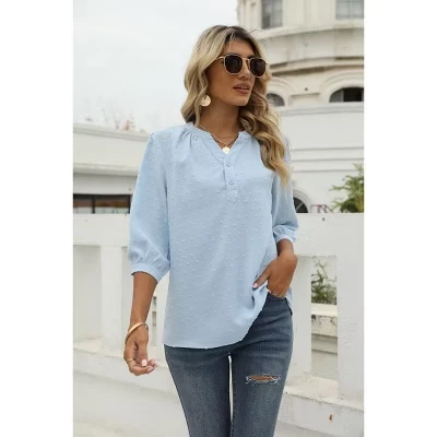 Женские повседневные блузки Henley с V-образным вырезом и рукавами 3/4, плиссированные сзади на пуговицах, блузки в швейцарский горошек, топы, футболки синего цвета