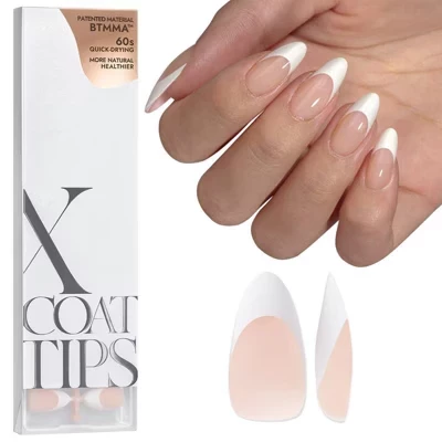 Накладные ногти BTArtboxnails XCOATTIP® - Белый Френч - Миндальные ногти -основа телесного цвета 150 карат