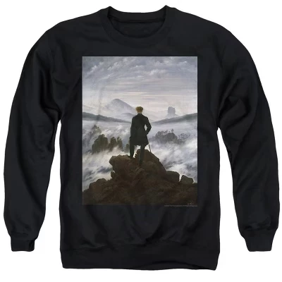 Мужская толстовка с круглым вырезом Caspar David Friedrich Wanderer above the Sea of Fog от Каспара Давида Фридриха, черная