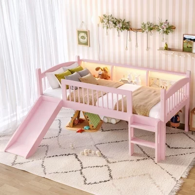 Twin Size Solid Wood Low Loft Bed with Storage Shelves & LED Lights,Full-length Guardrails Bed Frame for Bedroom,Kids Room pink