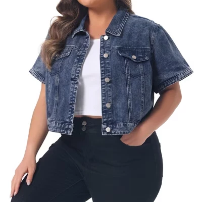 Women's Plus Size Short Sleeve Button-Down Cropped Denim Fashion Jean Jackets -