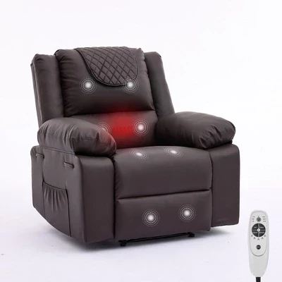 Oversized Massage Recliner Chair for Adults, PU Leather Heated Single Sofa with Vibration & Heat, Side Pocket, Reclining Sofa (Brown) coffee