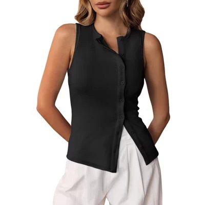 Women Button Down Ribbed Knitted Vest Tank Tops Button Up Open Front Knit Shirt Sleeveless Slim Fit Dressy Top black