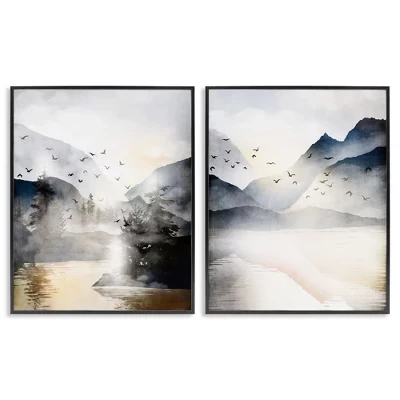 Залитые солнцем птицы над озером Пейзаж 2шт в рамке Giclee Art Set черный