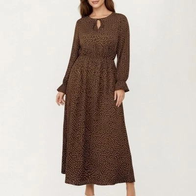 Women's Plus Size Long Sleeve Midi Dress with Keyhole Neckline Elastic Waist and Flowy A Line Skirt brown
