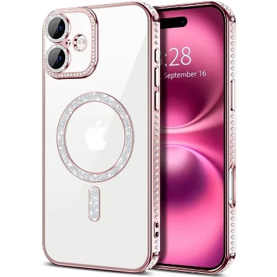 [Магнитный] чехол, совместимый с iPhone 16 - [Прозрачная задняя крышка] Роскошные бриллианты из розового золота