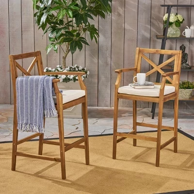 Барные стулья Perla Outdoor из дерева акации 28,5 дюймов с устойчивой к атмосферным воздействиям подушкой (комплект из 2-х) кремовый/ тиковый