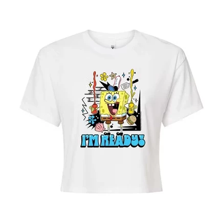 Женская укороченная футболка SpongeBob «Я готов», белая