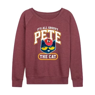 Женская рубашка It's All Groovy Collegiate из легкого французского махрового материала с широким вырезом и длинными рукавами и графическим рисунком цвета хизер бордовый