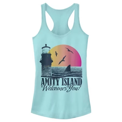 Juniors Womens Jaws Amity Island Welcomes You! Racerback Tank Top cancun