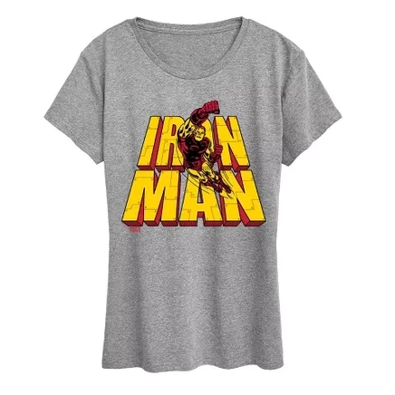 Женская футболка с надписью Iron Man Stacked Name Оверсайз с коротким рукавом и графическим рисунком heather grey