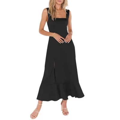 Women's Square Neck Ruffle Split Maxi Dress Elegant Formal Wedding Guest Bridesmaid Graduation Party Dresses black