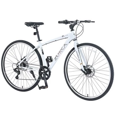 64.57 Inch Hybrid Bike, Aluminum Alloy Frame 7-Speed City Commuter with Dual Disc Brakes, 700C Road Bike for Men Women white