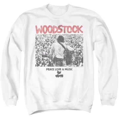 Мужская толстовка с круглым вырезом на гитаре Woodstock, играющая на публику, белая