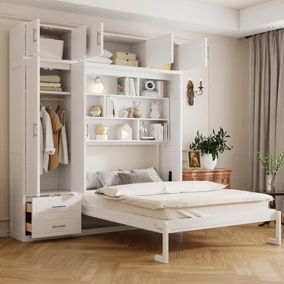 Настенная кровать Murphy Bed размера Queen-Size, Компактная складная кровать со шкафом, выдвижными ящиками, верхним шкафом и полками для хранения, Белая/Серо-белая