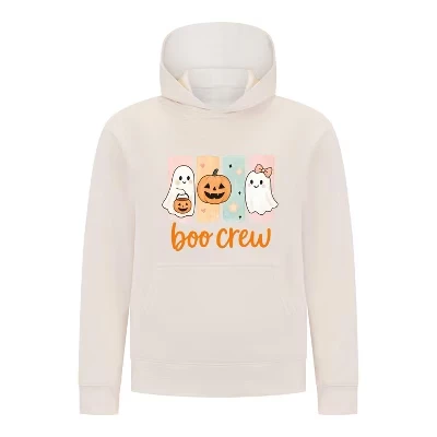 Пуловер с капюшоном на Хэллоуин “Boo Crew” – Милые привидения и тыквы – Уютный осенний свитшот для девочек, темно-белый