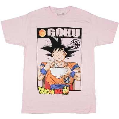 Dragon Ball Супер Аниме Мужская футболка Goku Eating Ramen Pink с рисунком для взрослых розового цвета