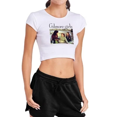 Women's  Lorelai, Sookie, and Rory Cap Sleeve Baby Rib Crop Top white