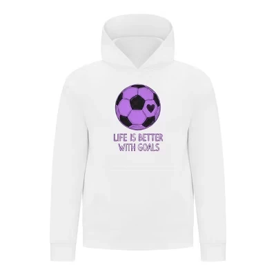 Спортивная коллекция Life-Is-Better-With-Goals Пуловер с капюшоном для девочек–футболистов - Толстовка с рисунком фиолетового сердца и мяча, белая
