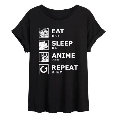 Женская футболка с рисунком Eat Sleep Anime Repeat Оверсайз, черная