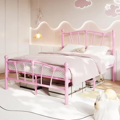 Металлический каркас кровати Twin Size, Каркас кровати Twin для девочек, Кровать на платформе Twin с изголовьем и изножьем в форме сердца, пружинный блок не требуется, розовый