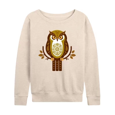 Women's -  - Scandinavian Owl Lightweight French Terry Wide Neck Long Sleeve Graphic Shirt birch