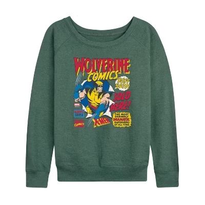 Women's -  - Wolverine Comics Ad Lightweight French Terry Wide Neck Long Sleeve Graphic Shirt heather juniper