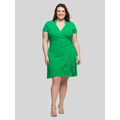 Plus Size Mandarin Collar Knee Length Wrap Dress - ™ green
