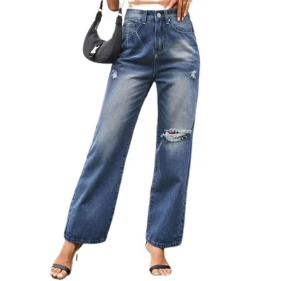 Women Trendy High Waisted Ripped Jeans Casual Distressed Baggy Straight Wide Leg Loose Fit Demin Pants blue
